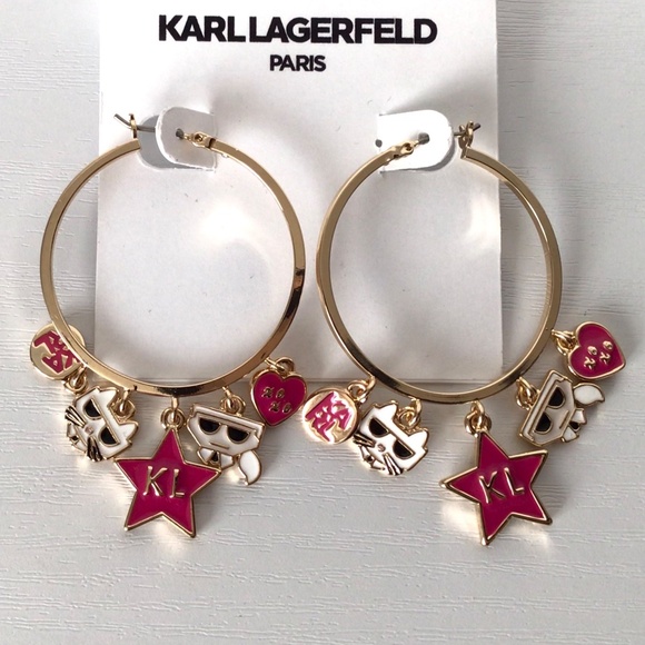 New Karl Lagerfeld Paris Gold-Tone Mixed Charm Hoop Earrings - Picture 2 of 8